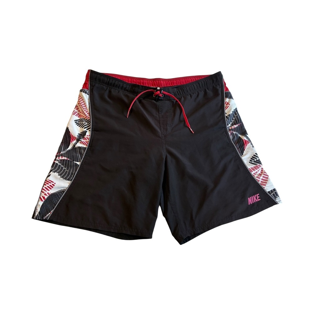 Nike Swim Trunks Board Shorts Mens‎ L Black Red Floral Print Drawstring